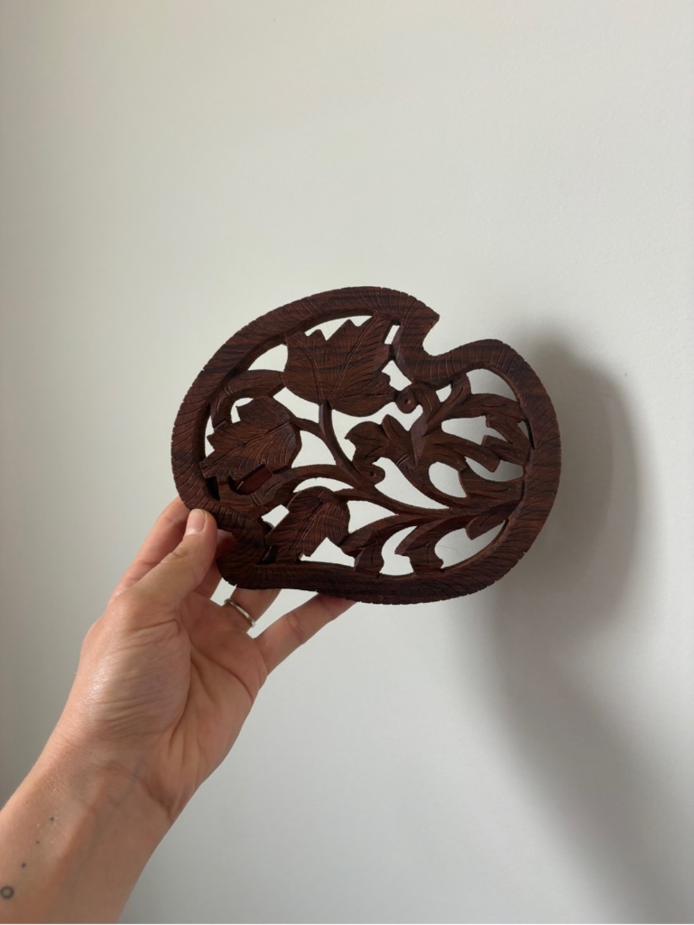 Vintage Hand-Carved Wood Trivet from India Boho Botanical Design MCM
